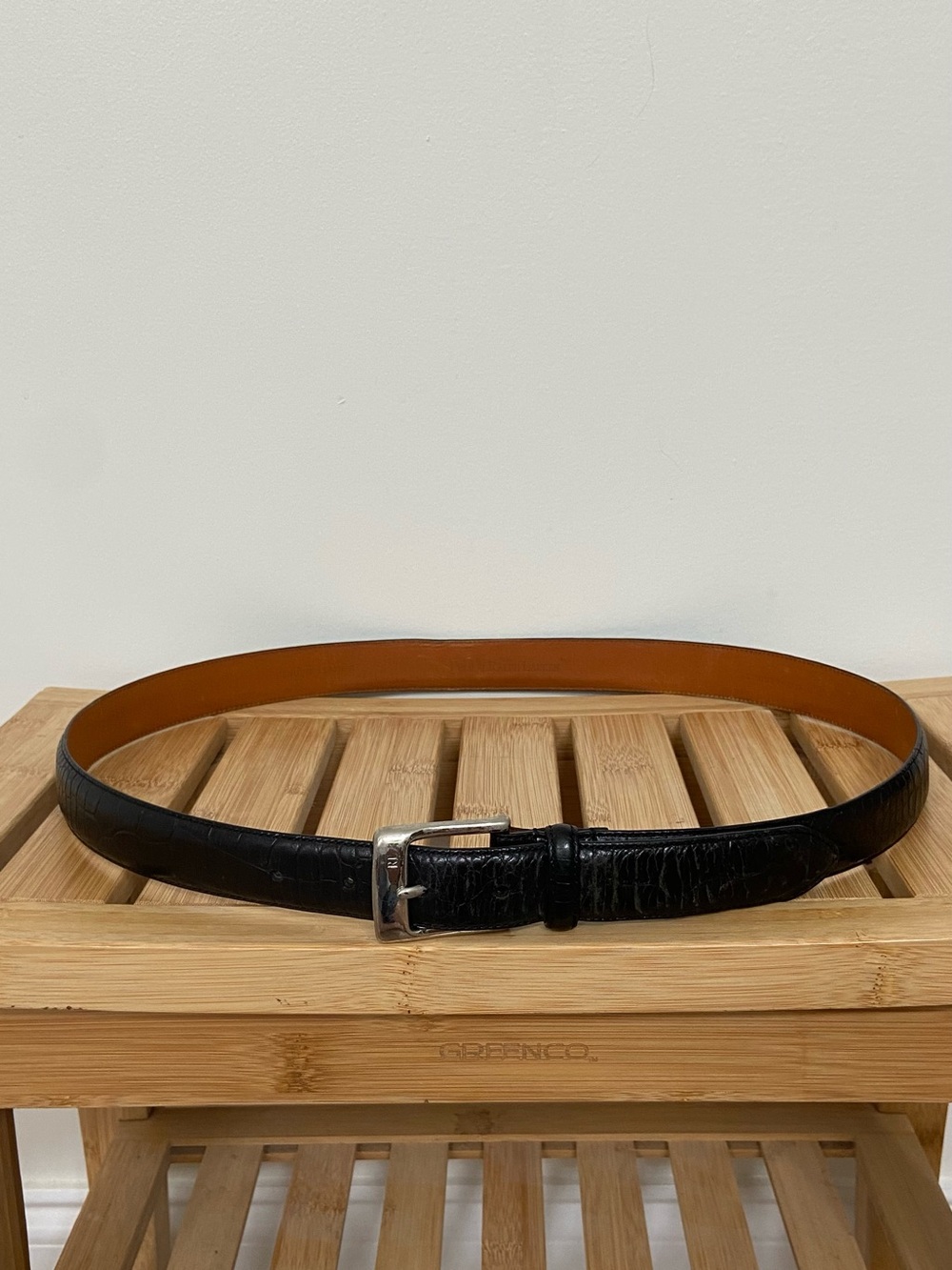 Lauren Ralph Lauren Black Croc Embossed Genuine Leather Belt 38/95 Silver Buckle